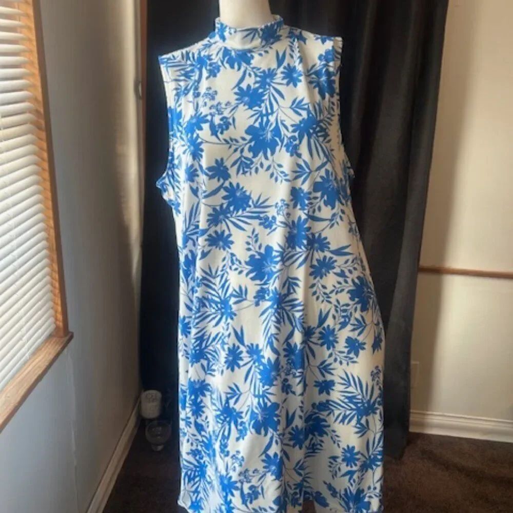 Tiana B. Blue/White floral high collar shift dress, size 1X